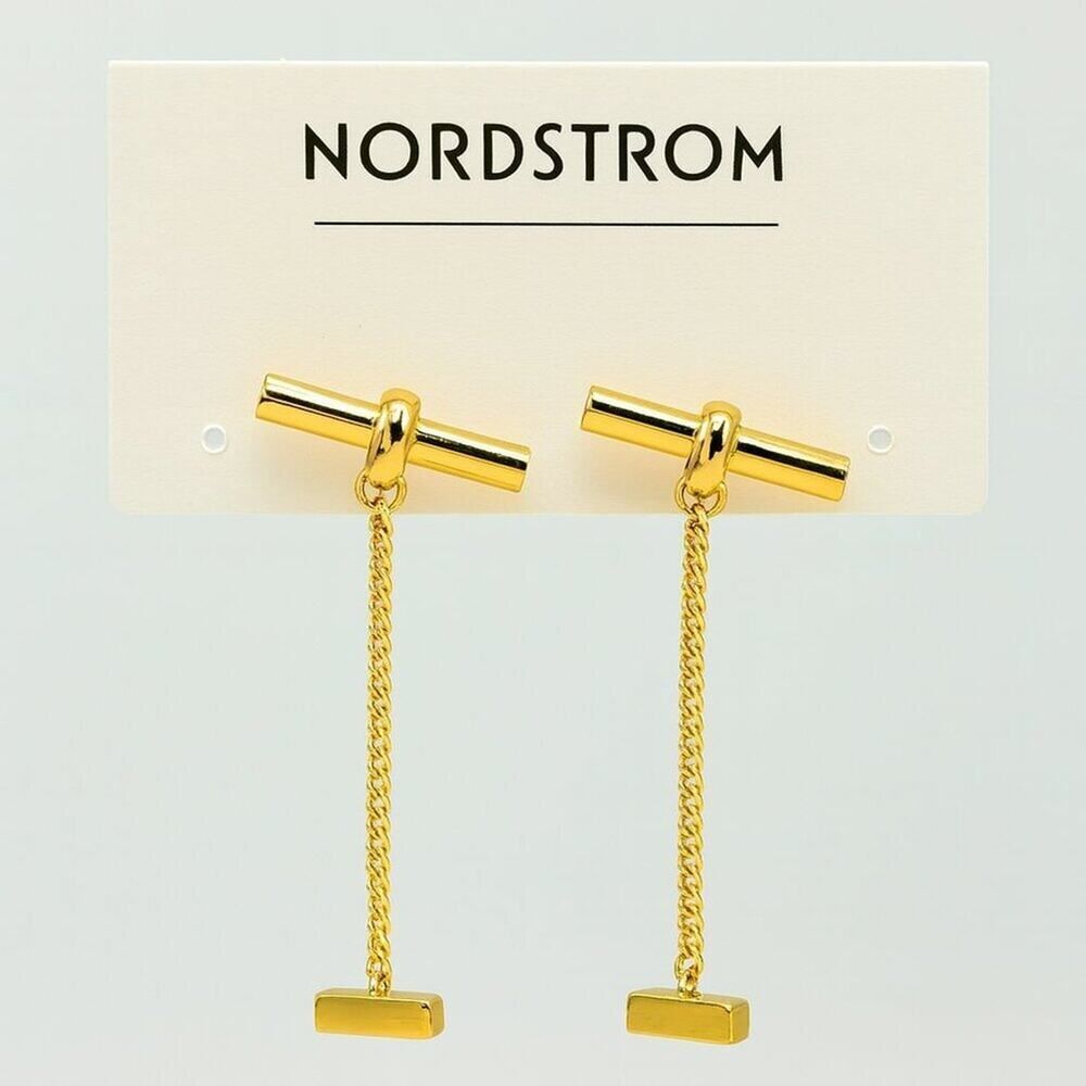 Nordstrom Gold Bar Drop Chain Earrings Minimalist Linear Dangle NWT